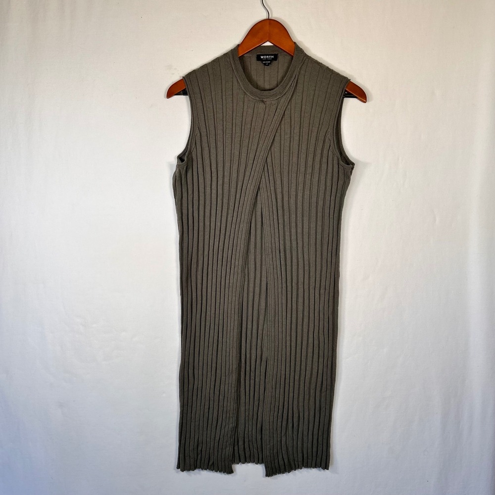 Worth New York 100% Wool Ribbed Sleeveless Crossover Tunic Sweater Olive XS